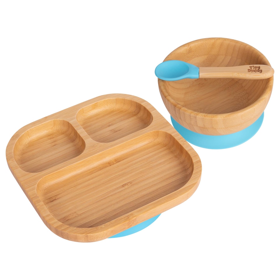 image 1 of Tiny Dining Children's Bamboo Suction Dinner Set - Blue