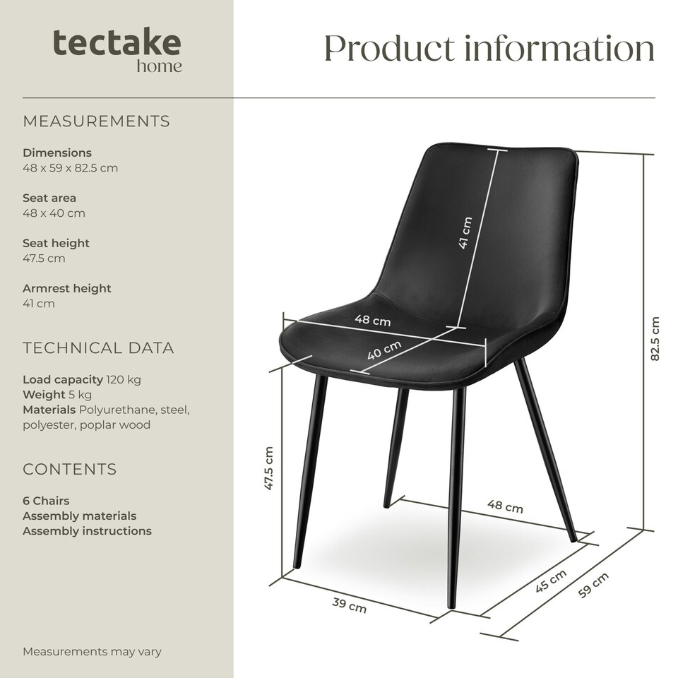 image 1 of Dining Chair Monroe - padded, velvet look, ergonomic seat, black steel legs - Set of 6 Black