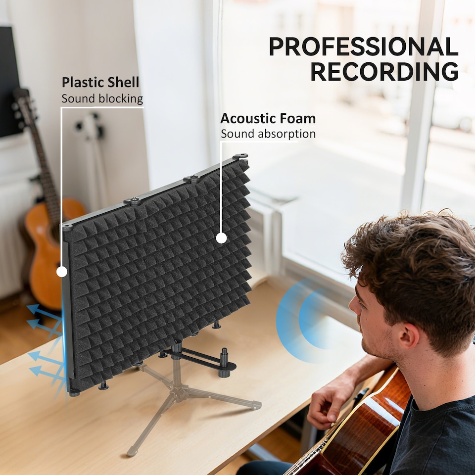 image 1 of HOMCOM Studio Microphone Isolation Shield, Foldable Adjustable Recording Studio Equipment, 3-Panel High Density Absorbent Foam Shield with Threaded Mount, Black