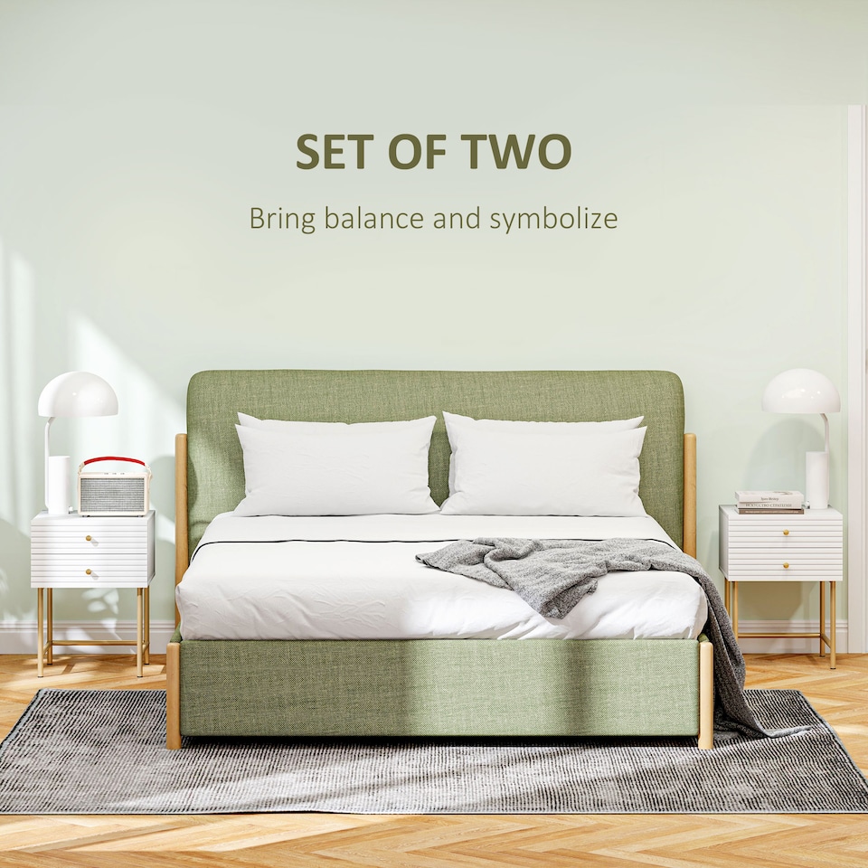 image 1 of HOMCOM Bedside Tables Set of 2, Bedside Cabinet with 2 Drawers, Gold Steel Legs, Modern Side Table with Striped Panel for Bedroom, Living Room, White