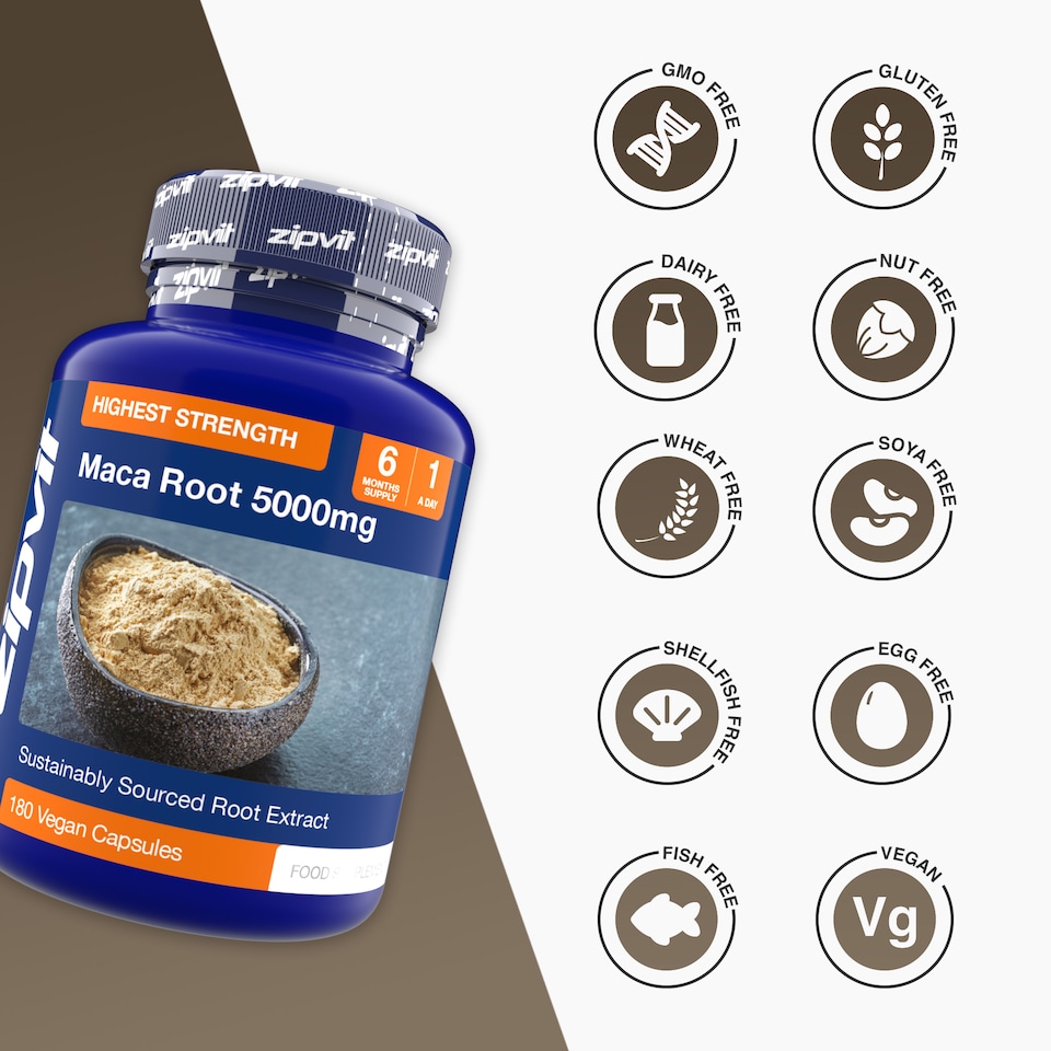 image 1 of Zipvit Maca Root 5000mg, Black & Yellow Blend, 180 Vegan Capsules, 6-Month Supply