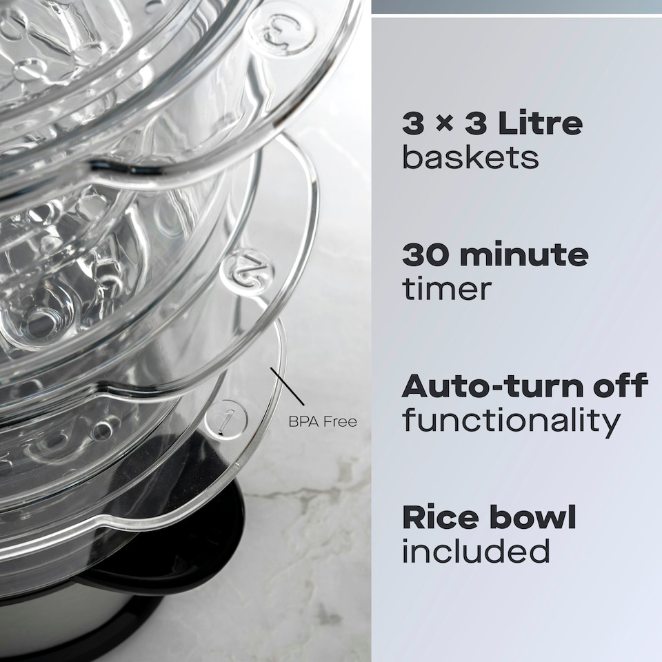 image 1 of Daewoo 9L Capacity, 3 Layer Food Steamer With Rice Bowl