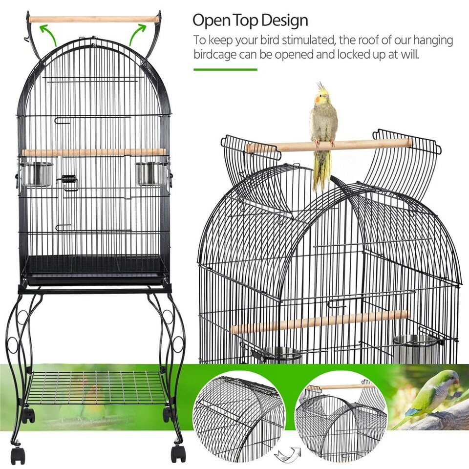 image 1 of Yaheetech 150 cm Open Top Metal Bird Cage with Rolling Stand Black