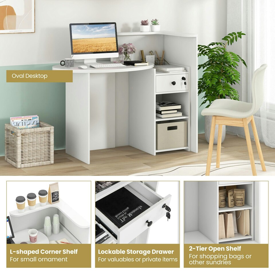 image 1 of COSTWAY Reception Desk with Lockable Drawer White & Black Black