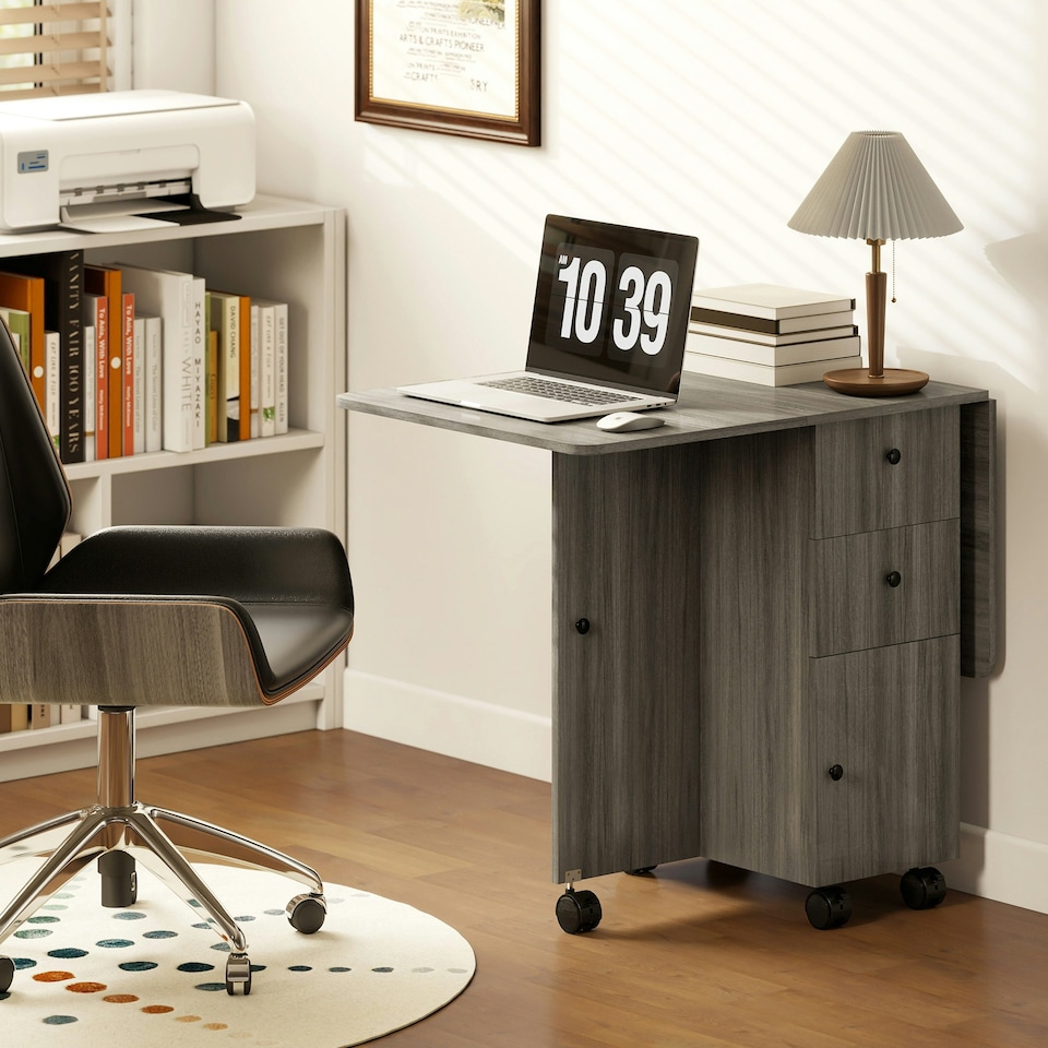 image 1 of HOMCOM Folding Dining Table, Drop Leaf Table With Storage Drawers Grey
