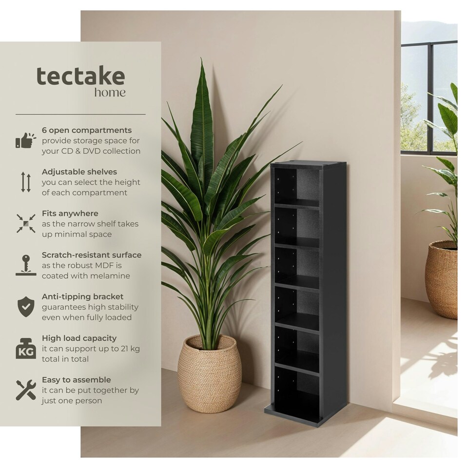 image 1 of CD DVD Storage Tower Media Display Unit Adjustable Shelves Wood Effect 102 CDs or 27 DVDs Black