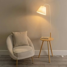 ValueLights Freja Tripod Oak Effect Side Table Floor Lamp with White Tapered Shade