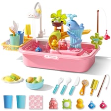 4‑in‑1 Kids Play Sink with Running Water – Electric Faucet, Pretend Dishwasher, Fishing Game, Water Table & Duck Slide Sensory Toy for Toddlers Ages 3+ (Pink)