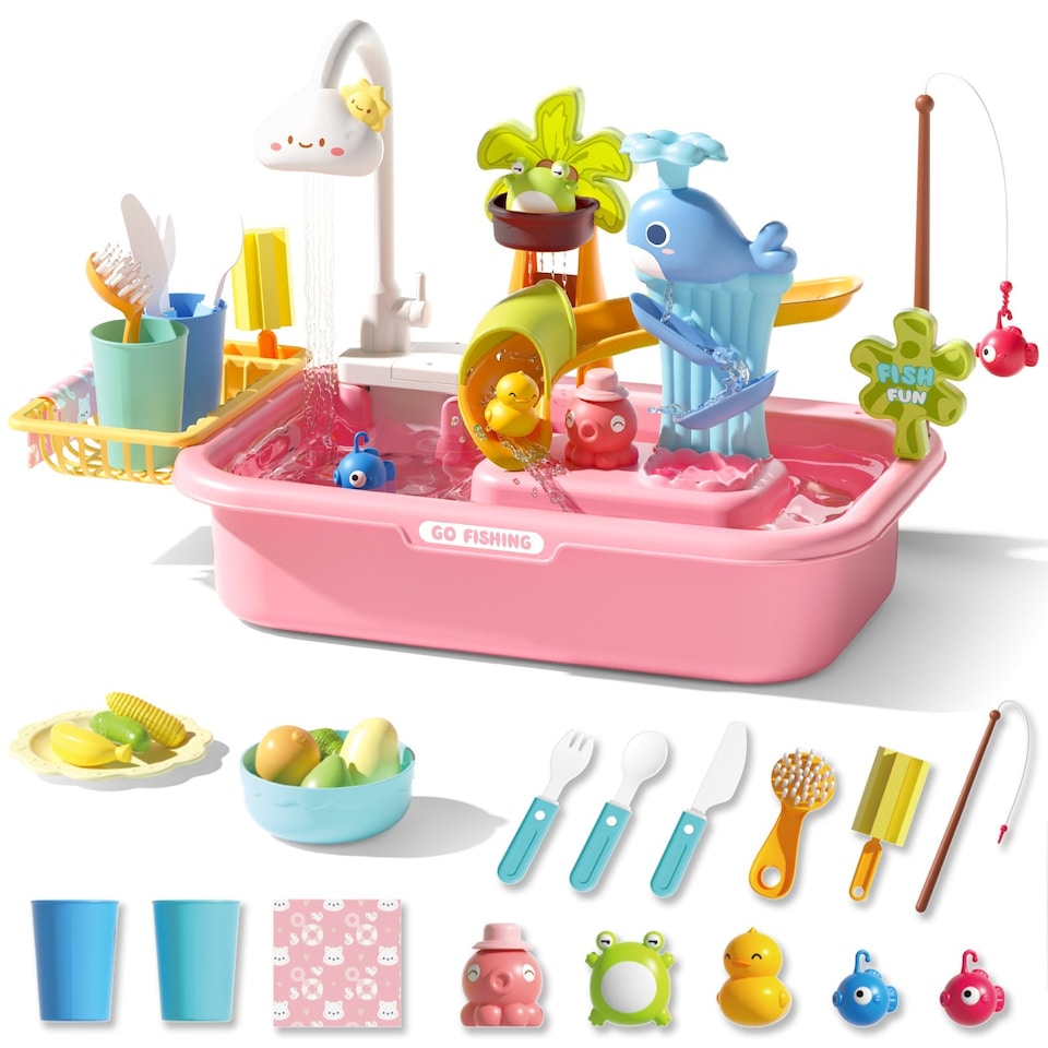 image 1 of 4‑in‑1 Kids Play Sink with Running Water – Electric Faucet, Pretend Dishwasher, Fishing Game, Water Table & Duck Slide Sensory Toy for Toddlers Ages 3+ (Pink)