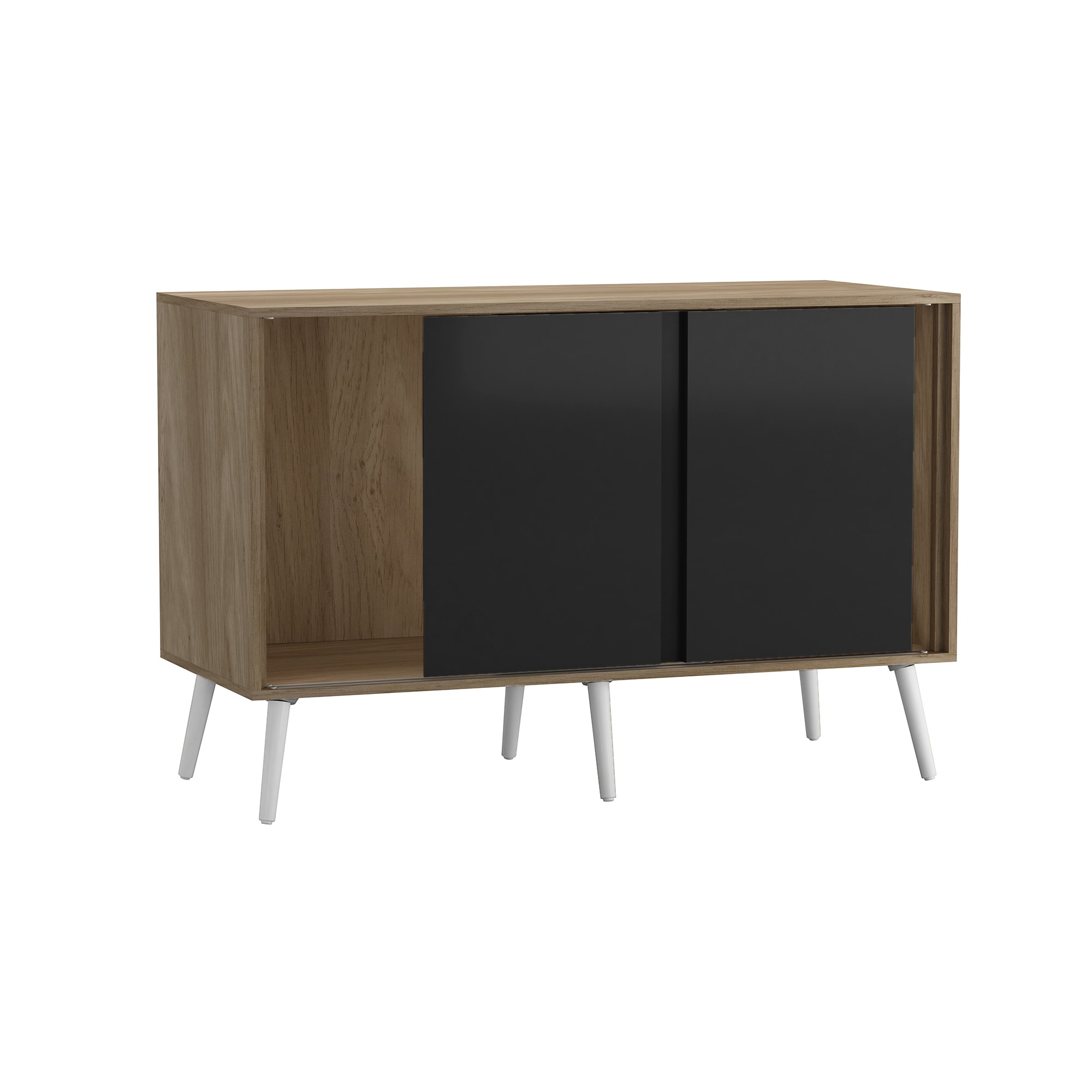 URBNLIVING Oak Carcass 3 Door Sliding Storage Cabinet Multi Black Doors & White Legs 1