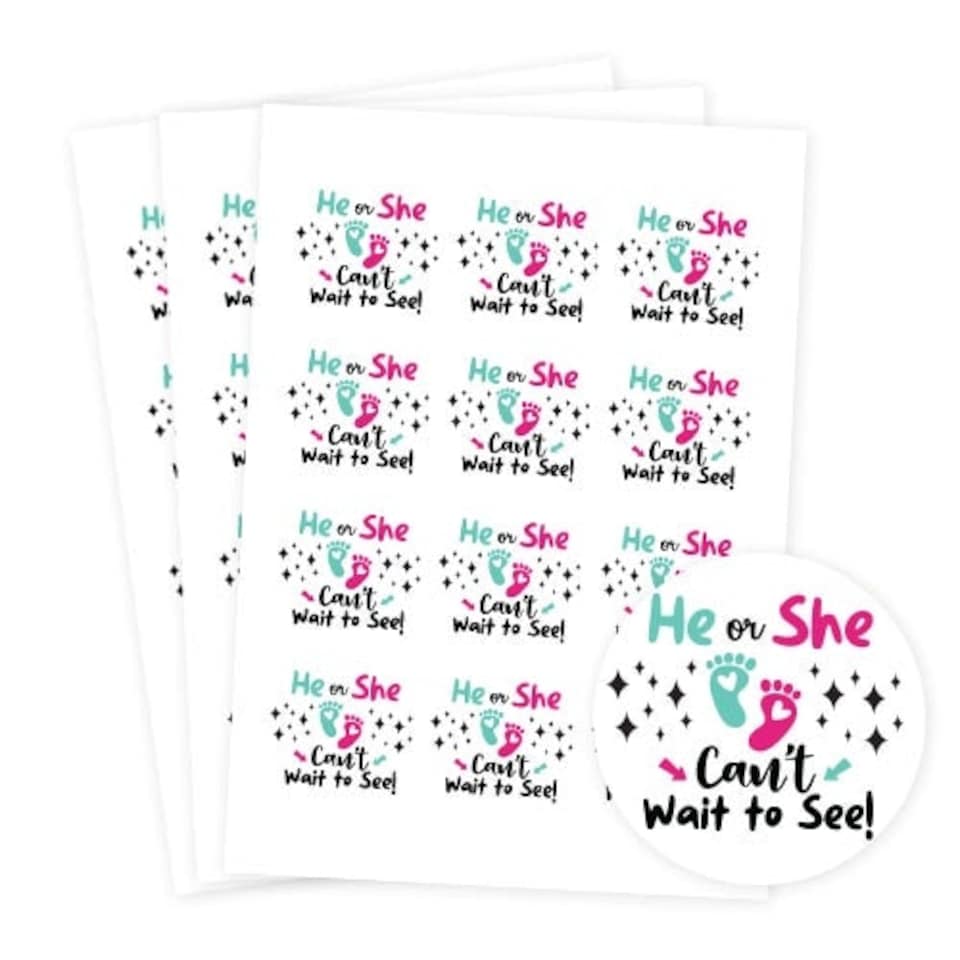 image 1 of Can't Wait to See Gender Reveal Round Stickers 60mm - Sheet of 12