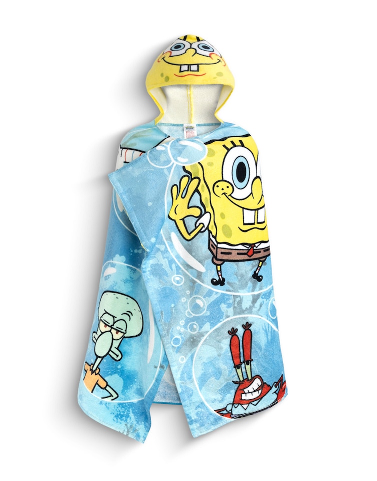 image 1 of SpongeBob SquarePants Boys Yellow & Blue Hooded Poncho Towel | Multi Character Graphic Print | Patrick Star Squidward Mr Krabs | Poolside Beachwear Towel | SpongeBob Merch