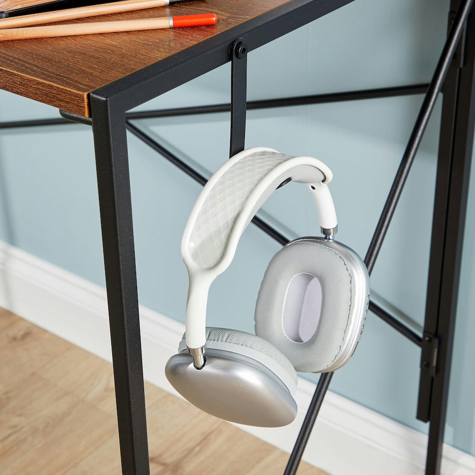 image 1 of Folding Compact Desk Storage Hook Wood Metal Office Computer Table Workstation Grey