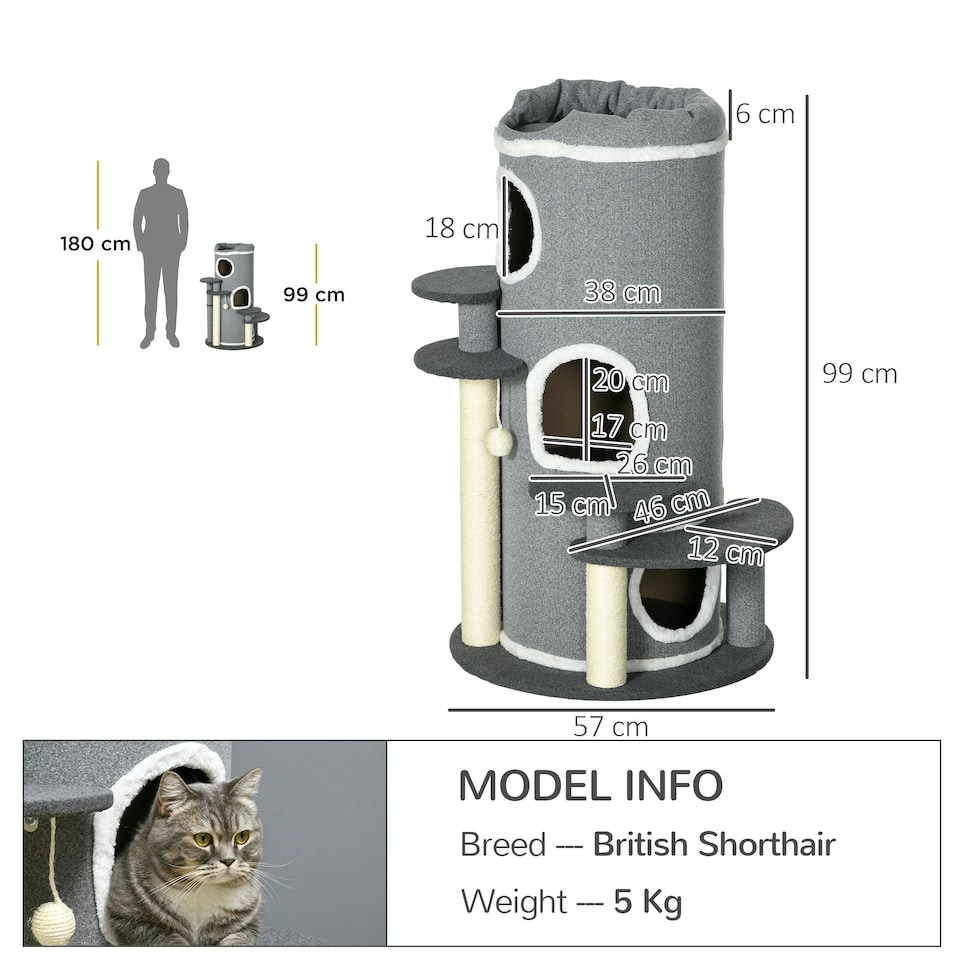 image 1 of PawHut 3 Tier Barrel Cat Tree with Sisal Scratching Post Cat Bed, Grey
