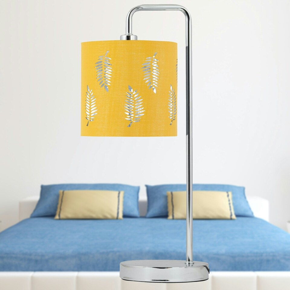 image 1 of First Choice Lighting Chrome Arched Table Lamp with Ochre Fern Cut Out Shade Chrome | Yellow