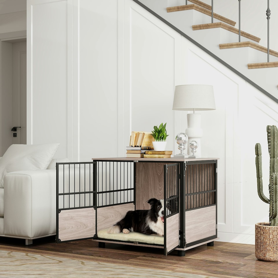 image 1 of PawHut 80cm Dog Crate Furniture Dog Cage End Table Indoor w/ Doors, Cushion
