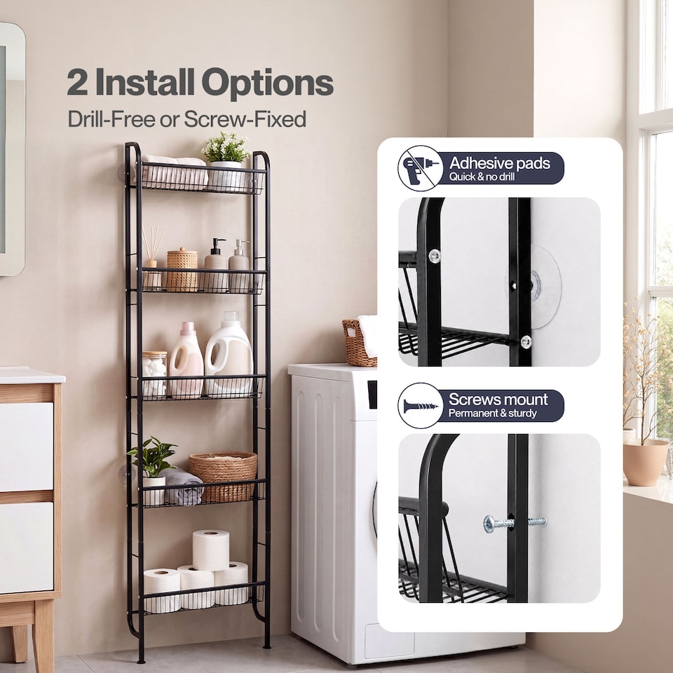 image 1 of Levede Behind Door Storage Organiser Narrow 5-Tier Bathroom Shelves,Steel,Black