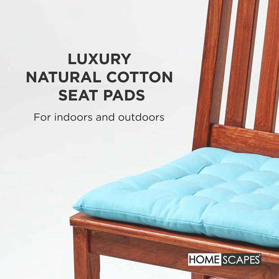 image 1 of Homescapes 4 x Seat Pads Luxury Cotton Indoor Outdoor Garden Dining Cushion Light | Blue | 40 x 40 cm | 4