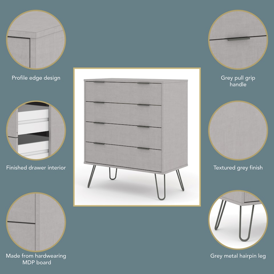 image 1 of Augusta 4 Drawer Industrial Bedroom Furniture Chest of Drawers - Stylish Storage Cabinet | Grey | Grey | 1