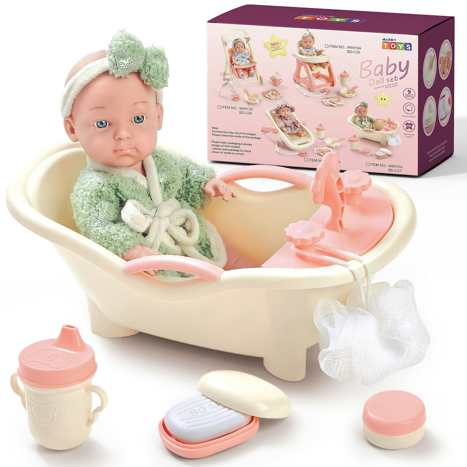image 1 of Baby Doll Bath Play Set - Doll Bathtub Set with Trolley, and clean Accessories