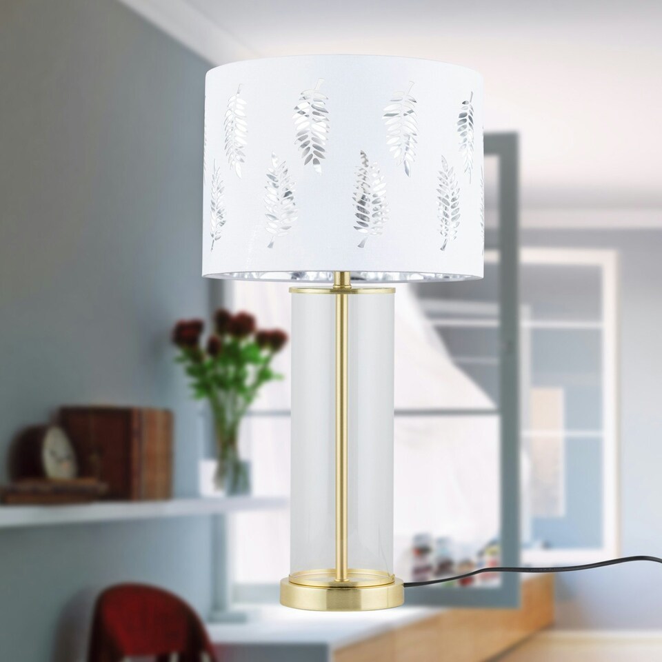 image 1 of Set of 2 Aura - Satin Brass Lamps with White Fern Cut Out Shades Bronze | White