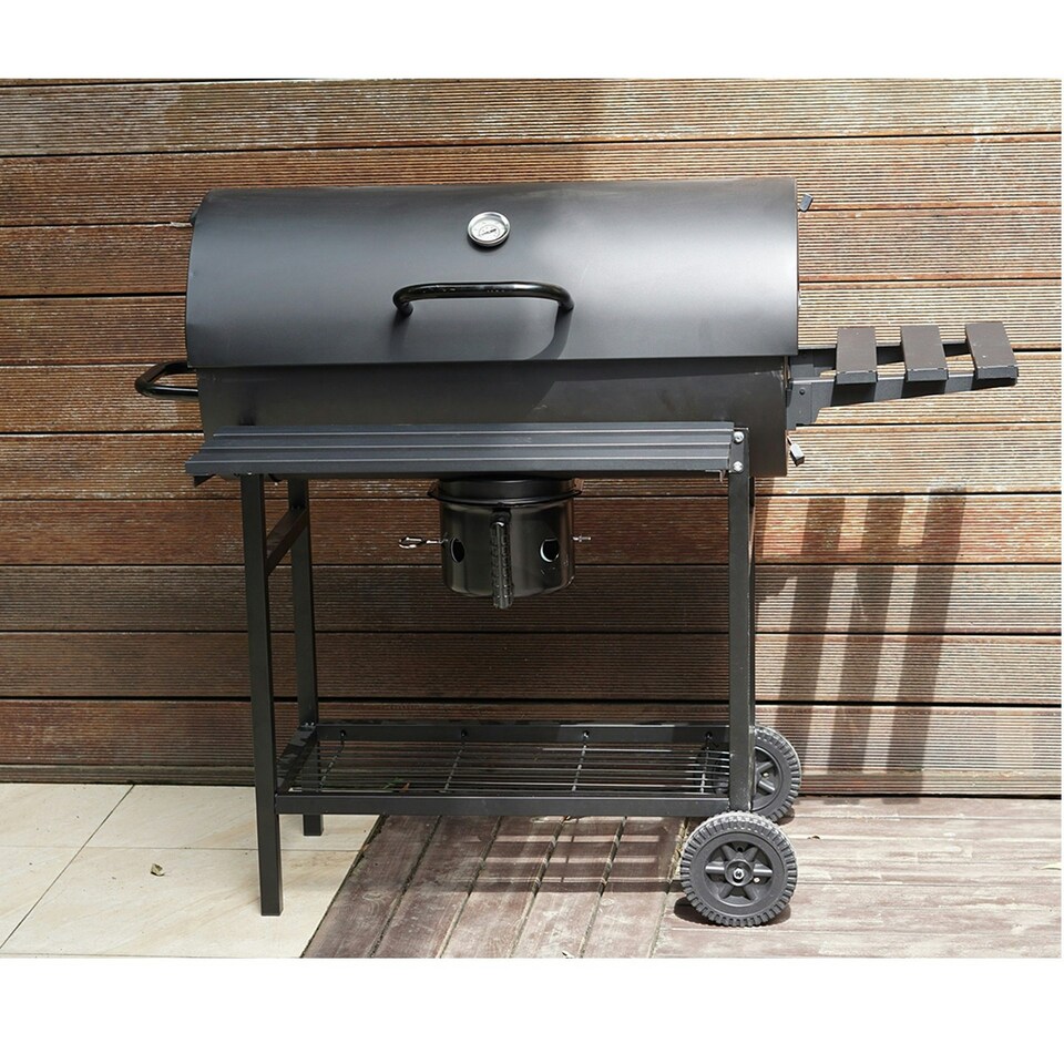 image 1 of Large Charcoal Oil Drum BBQ Grill Portable Barrel Barbecue With Lid Wheels Side Table
