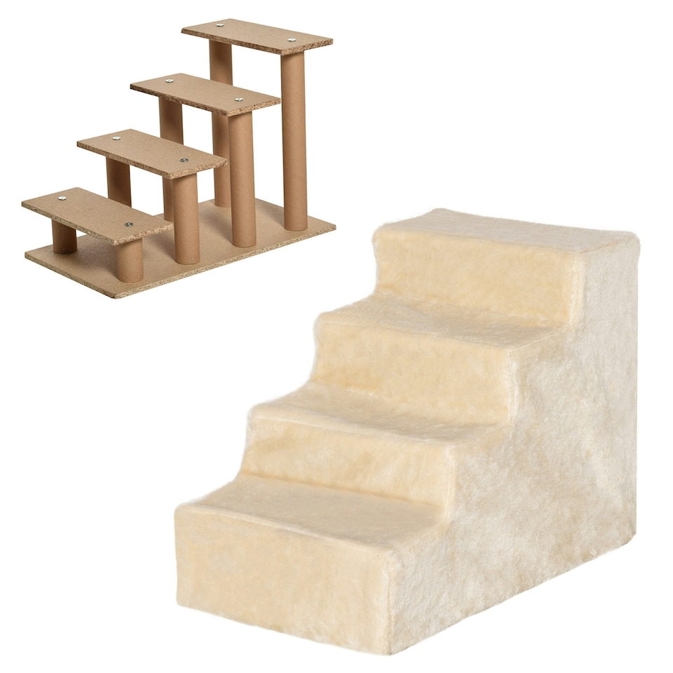 image 1 of PawHut Four-Step Portable Dog Stairs with Washable Plush Cover, Beige