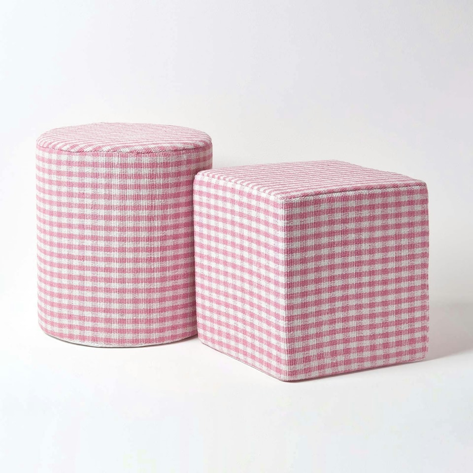 image 1 of Homescapes Pink Gingham Check Cotton Cube Pouffe - 36 x 36 x 38 cm | Pink | 36 x 36 x 38 cm