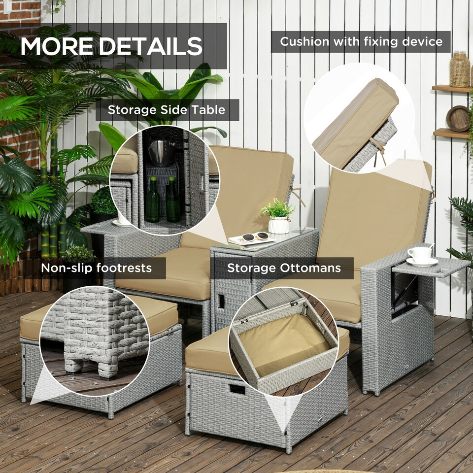 image 1 of Outsunny 5PC PE Rattan Sun Lounger, Outdoor Wicker 5-level Adjustable Recliner Sofa Bed with Storage Side Table and Footstools, for Patio, Garden, Poolside, Beige