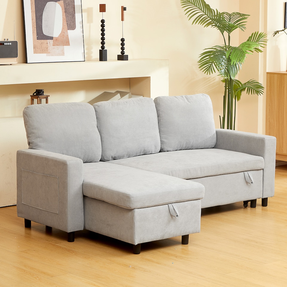 image 1 of HOMCOM Sofa Bed with Storage, Convertible L Shaped Corner Sleeper Couch, 3 Seater Pull Out Sofa Bed with Reversible Chaise, Side Pockets for Living Room, Bedroom, Small Spaces, Light Grey | Grey | One Size