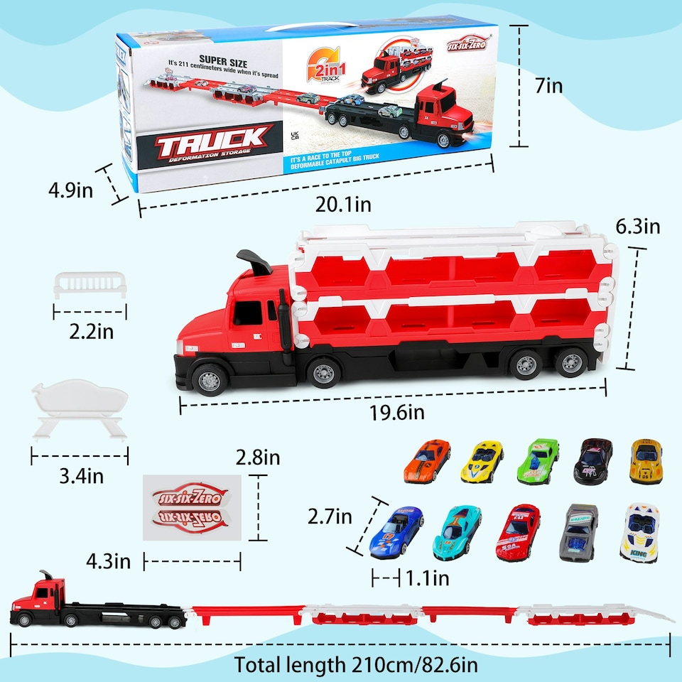 image 1 of 2-in-1 Alloy Car Transport Truck Toy Set with Foldable Catapult Race Track and 10 Mini Cars – Interactive Lights & Music