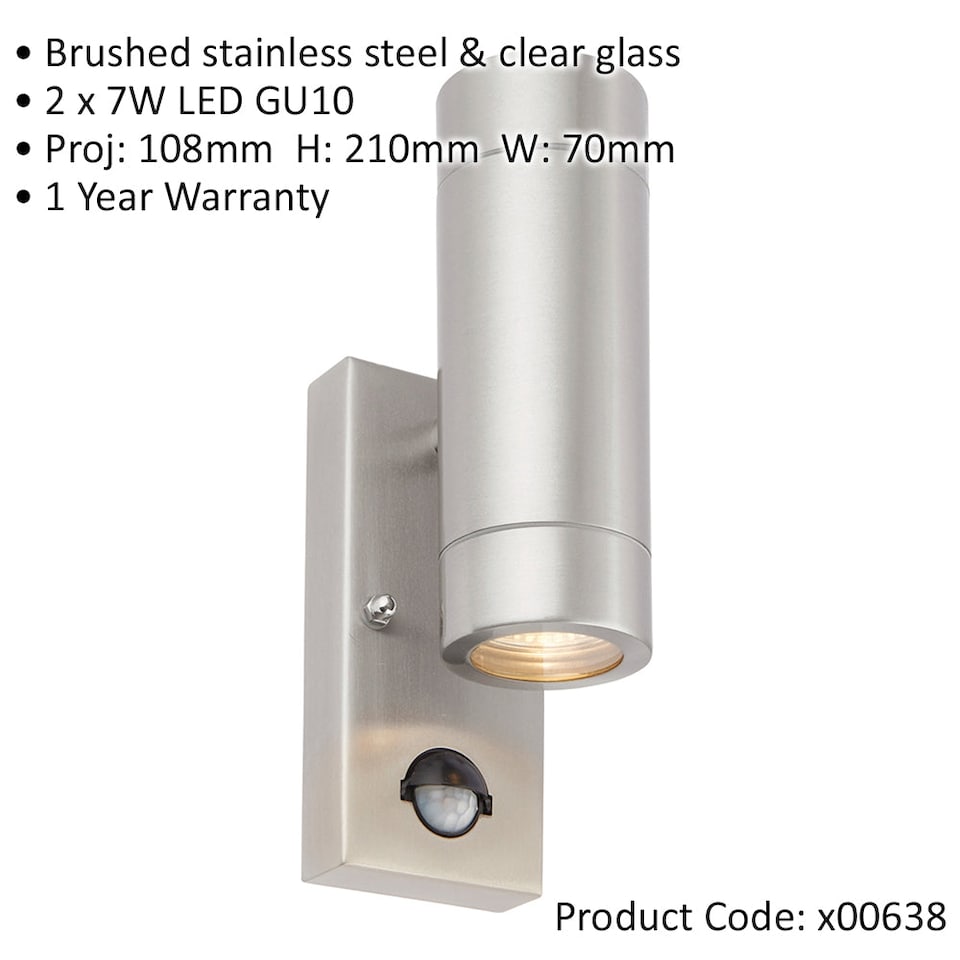 image 1 of Automatic Up & Down IP44 Wall Light with PIR - 2 x 7W GU10 LED - Brushed Steel