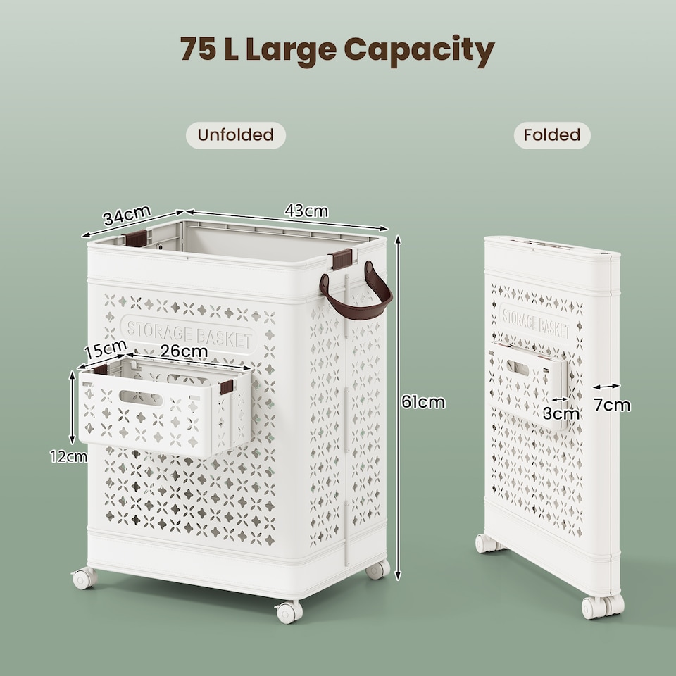 image 1 of COSTWAY Collapsible Laundry Basket 75 L Plastic Storage Bin with Handles-White