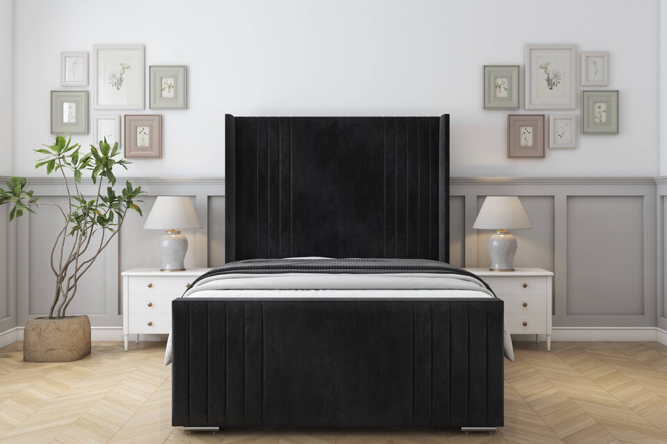 image 1 of Sloomy Camden Black Naples Bed Frame With 50"  Upholstered Wingback Headboard 4' Small Double