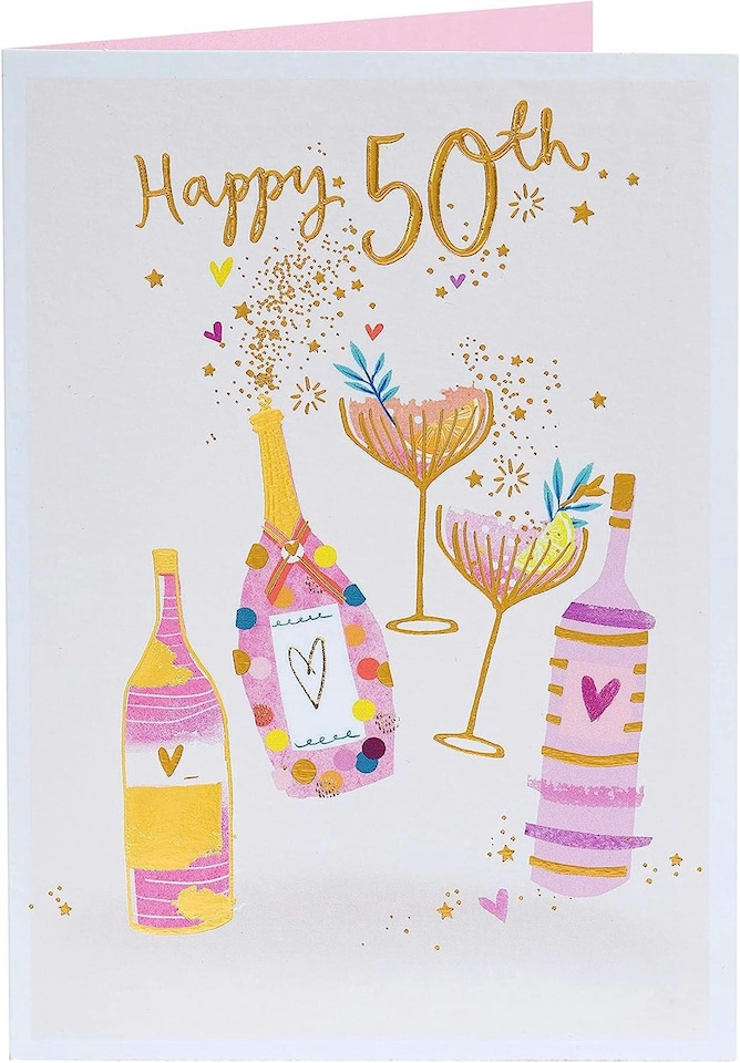 image 1 of Pink & Gold Drinks Design 50th Birthday Card