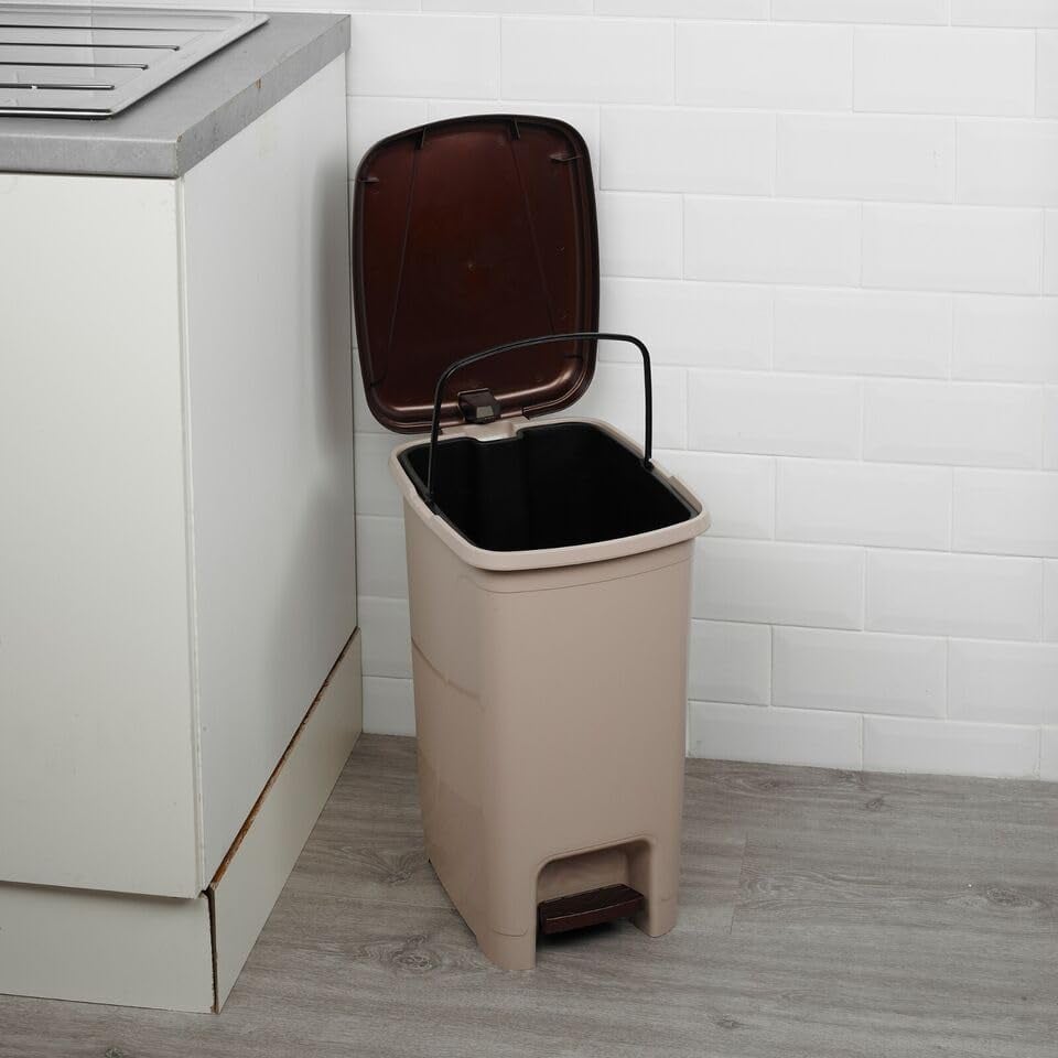 image 1 of Slim Pedal Waste Recycling Bin Can Insert Step On Lid Kitchen Bathroom | Brown | 25L Cappuccino