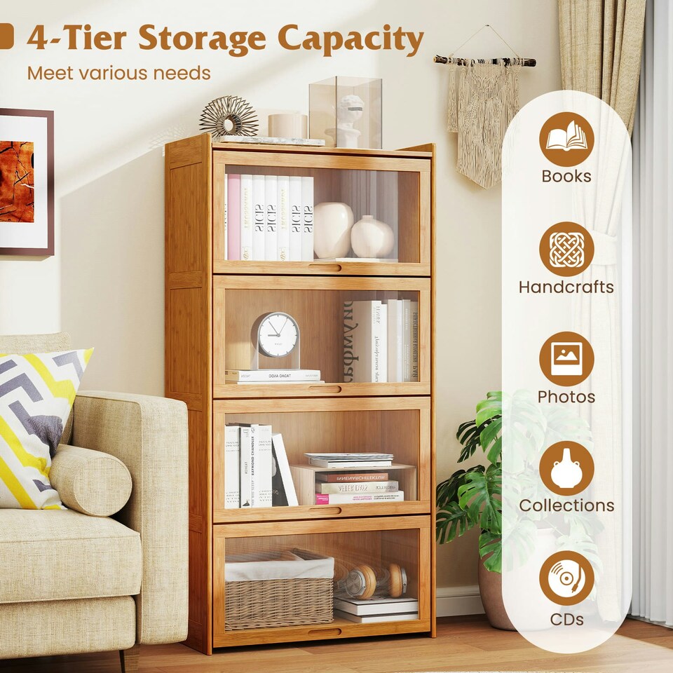 image 1 of COSTWAY 4-Tier Bookcase Bamboo Bookshelf with Doors Natural Brown