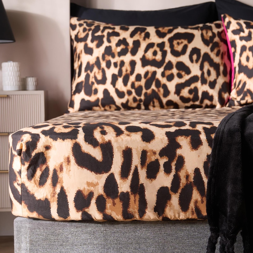 image 1 of OHS Leopard Print Microfibre Easy Care 25cm Deep Fitted Bed Sheet | Brown | Natural | King