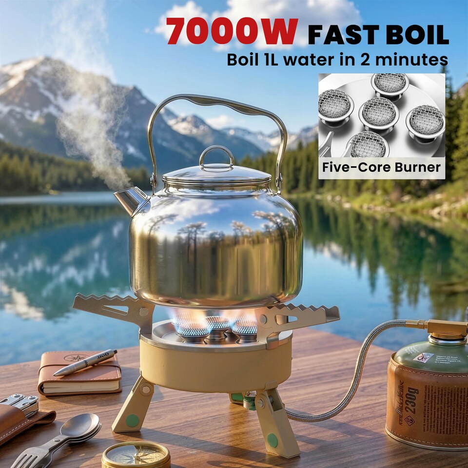 image 1 of Outsunny 7000W Camping Stove with Piezo Ignition, High Power Gas Stove Khaki | Brown | Khaki | 22 x 22 x 12 cm