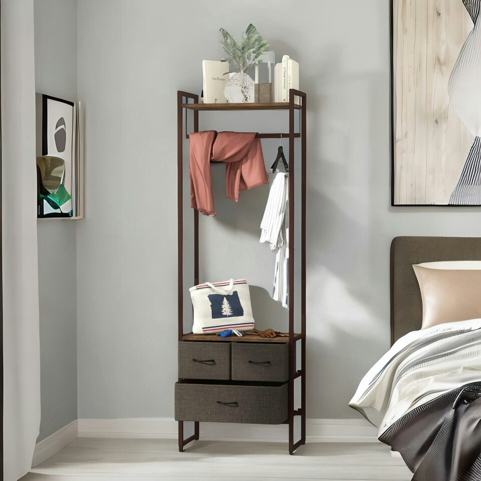 image 1 of Industrial Hall Tree Coat Rack With 3 Fabric Drawers Brown One Size