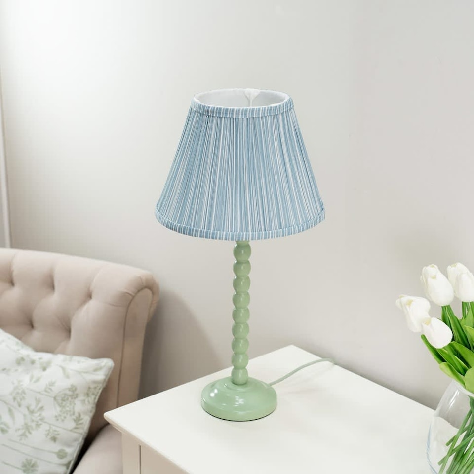 image 1 of ValueLights Bobbles Sage Green Table Lamp Blue Pleat Shade & Bulb | Blue