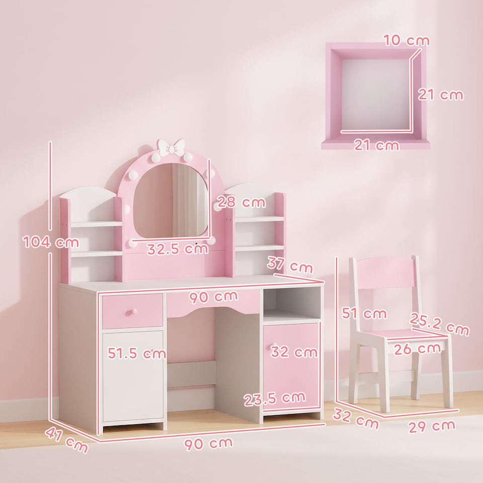 image 1 of AIYAPLAY Kids Dressing Table with Stool, Lighted Mirror, Pink