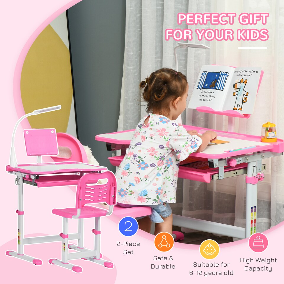 image 1 of HOMCOM Kids Desk and Chair Set, Height Adjustable Study Desk with USB Lamp | Pink