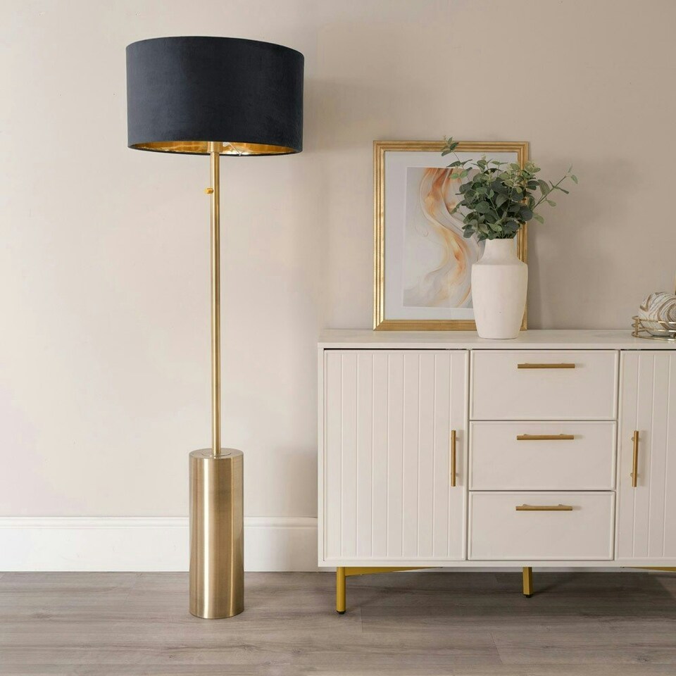 image 1 of ValueLights Lexy Gold Dimmable Floor Lamp with Black Velvet with Gold Inner Lamp Shade and LED Bulb