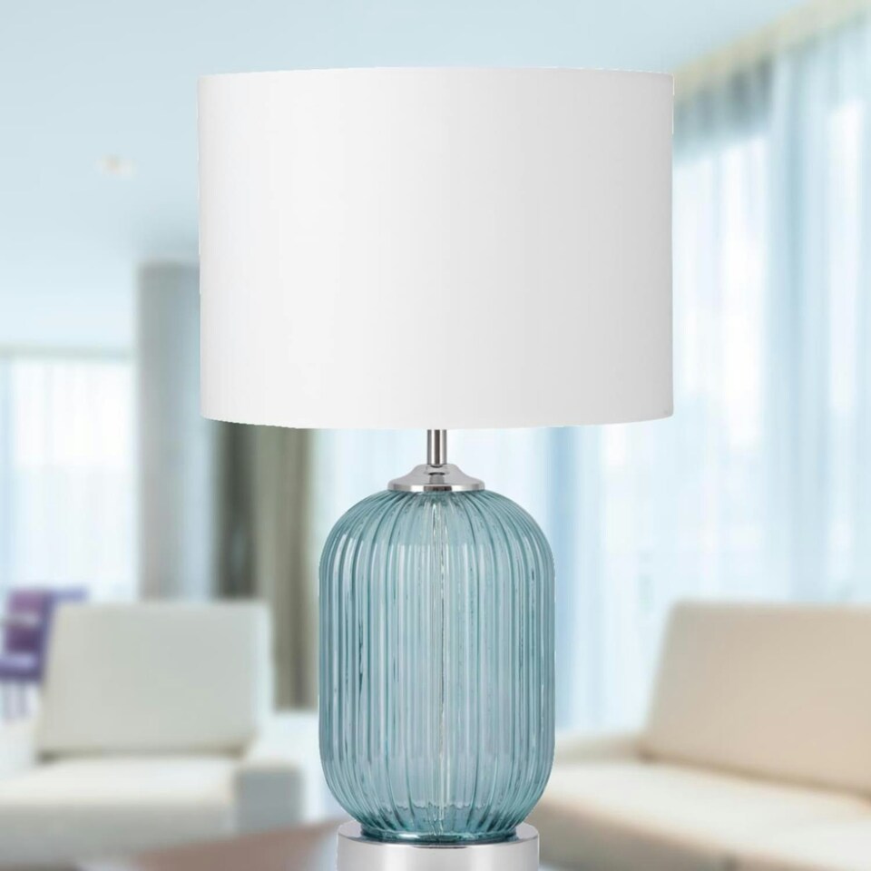 image 1 of First Choice Lighting Set of 2 Turquoise Ribbed Glass Lamps with White Shades Chrome | White