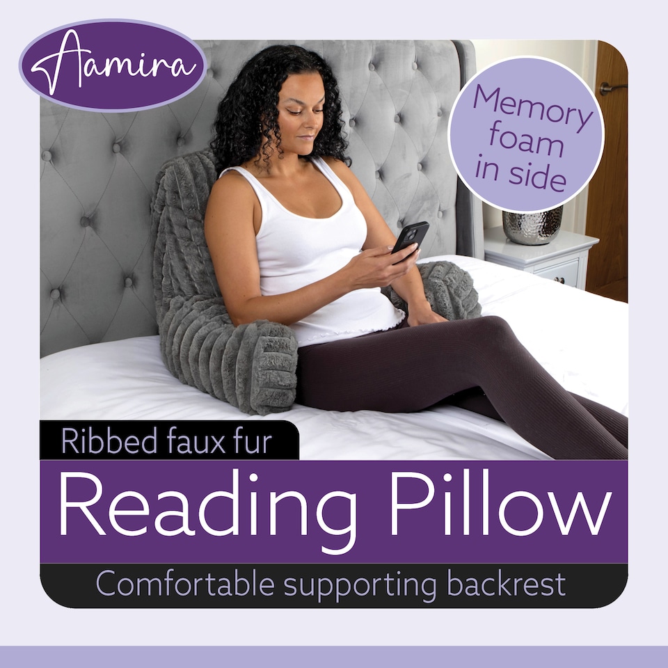 image 1 of Aamira Reading Pillow Grey Faux Fur Ribbed Memory Foam Support Cushion | Grey | Grey | Standard | 1