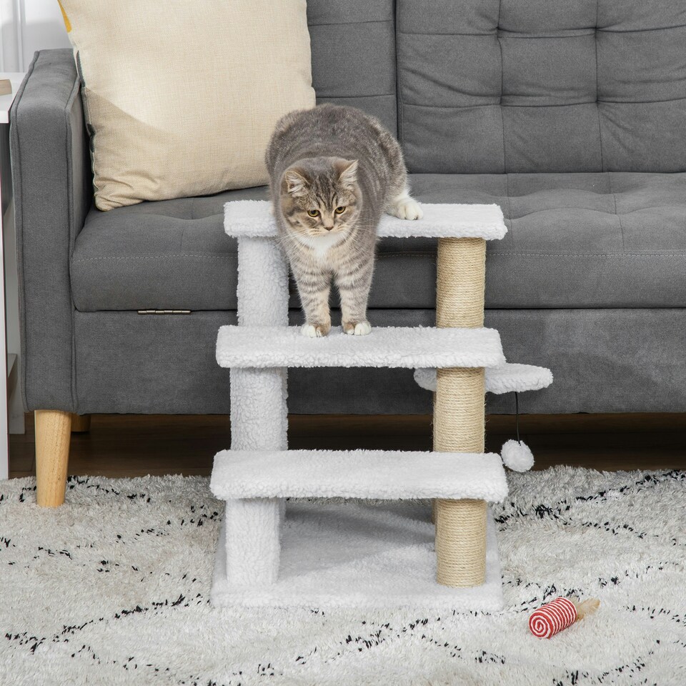 image 1 of PawHut Pet Stair with 3-step Climb Ladder, Scratching Posts, White