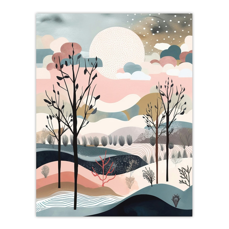 image 1 of Winter Countryside Landscape Boho Pink Black Framed Wall Art Print A4