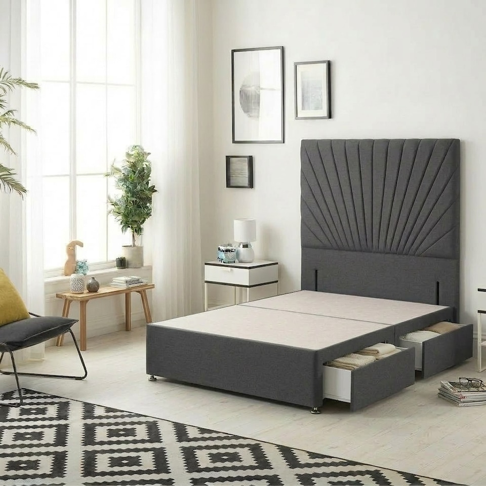 image 1 of Sunburst Divan Bed with 2 Drawers & 54'' Floor Standing Headboard Linen Fabric | Grey | Grey