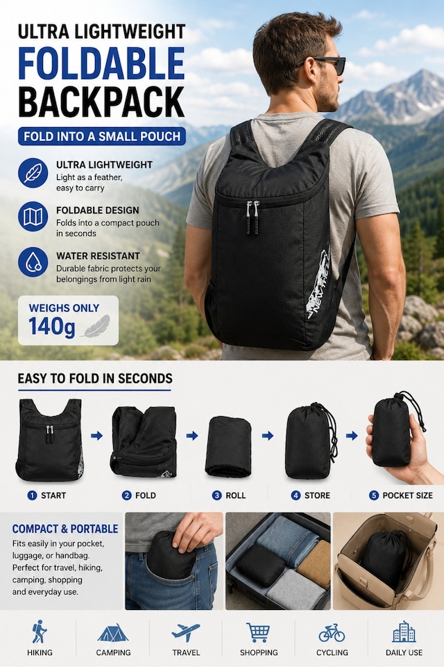 image 1 of 20L Ultra Lightweight Foldable Backpack Water Resistant Daypack